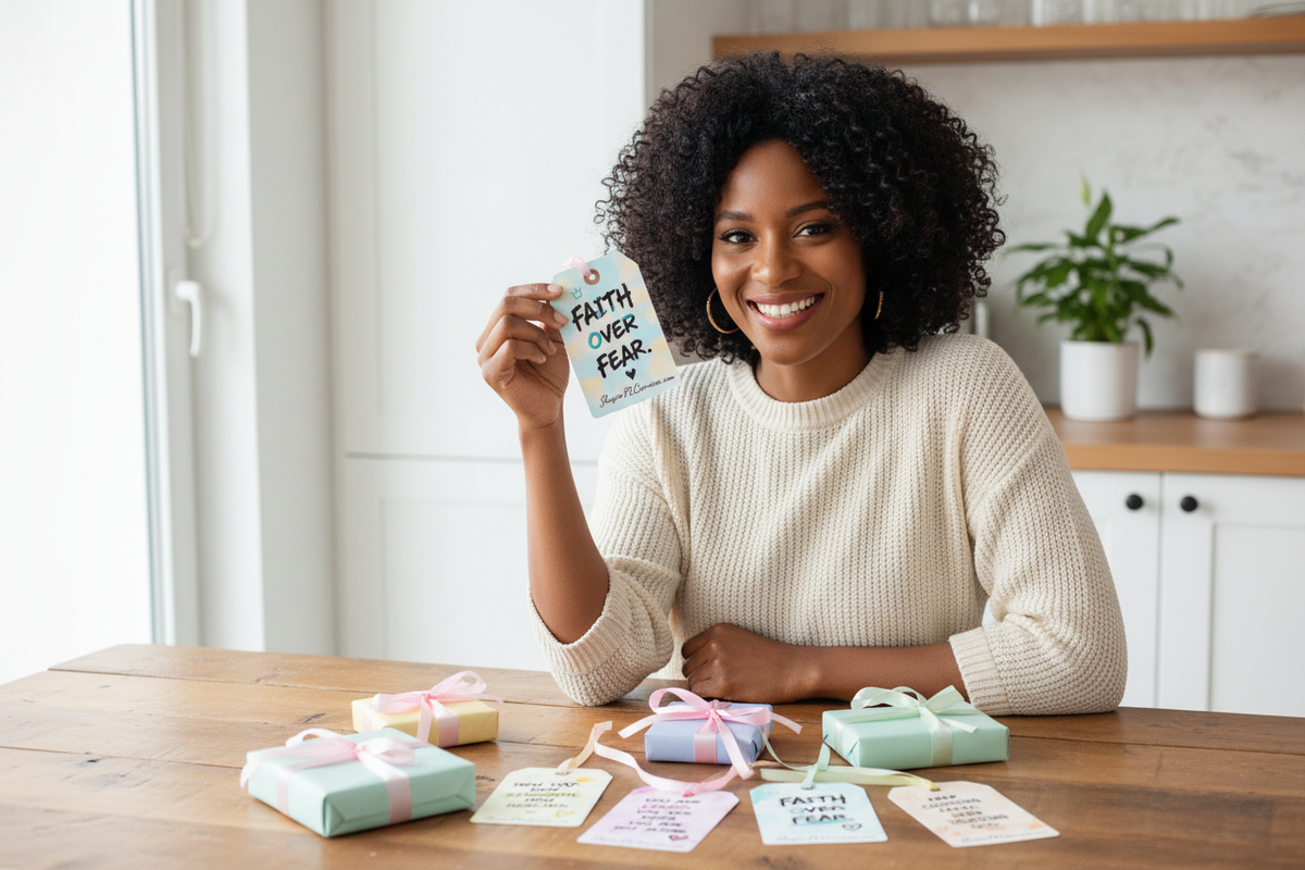 Beautiful Black Woman with Gift Tag